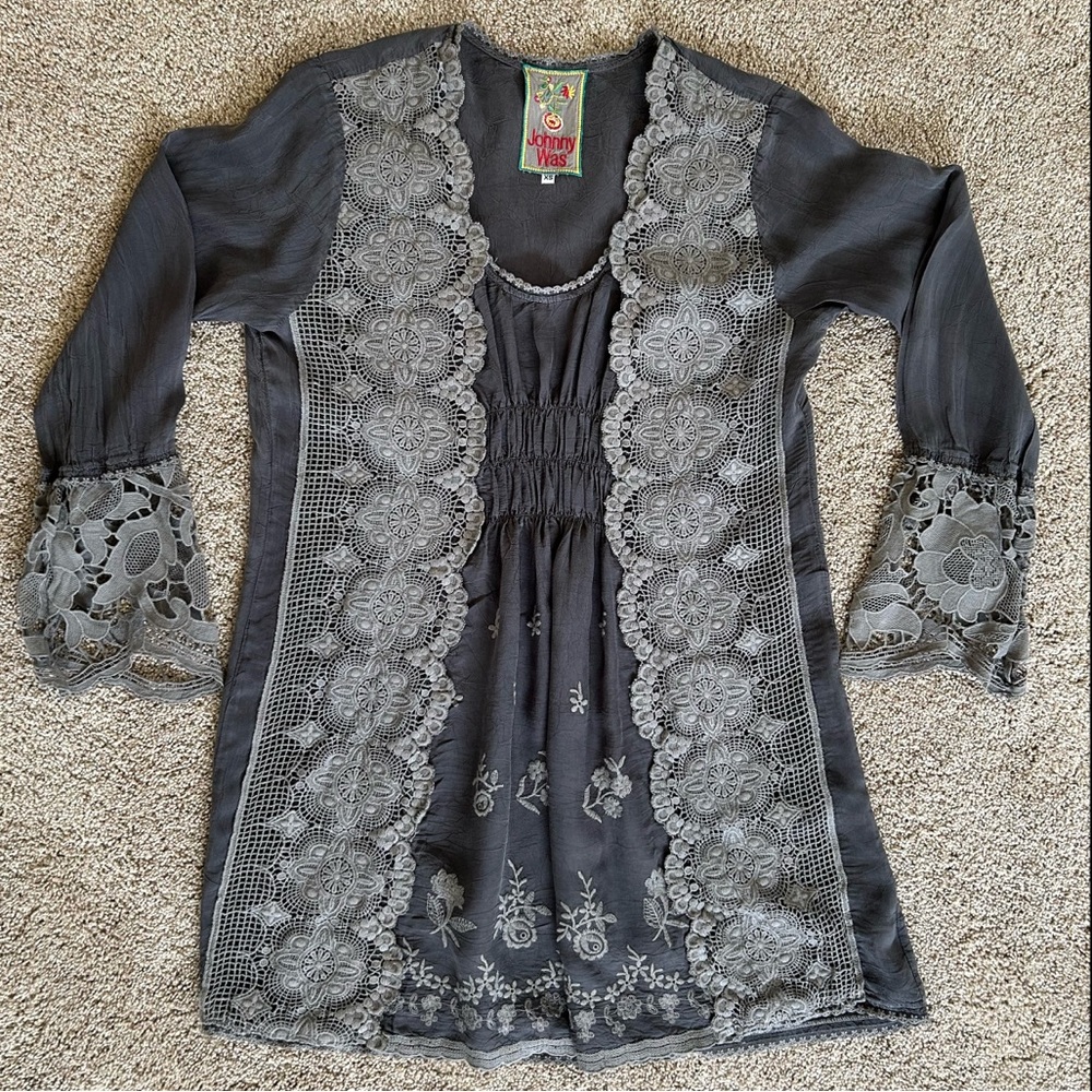 Johnny Was Gray Tunic Dress Lace Insets and Cuffs, Ruched front WM Oversized XS